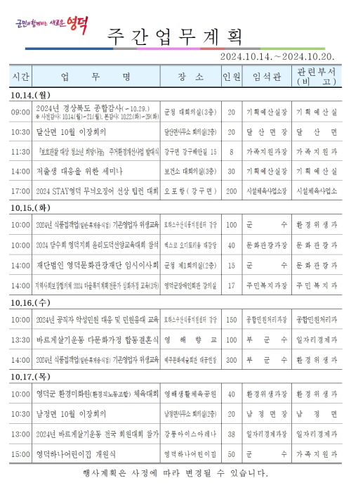 영덕군 주간행사 10월 14일~20일