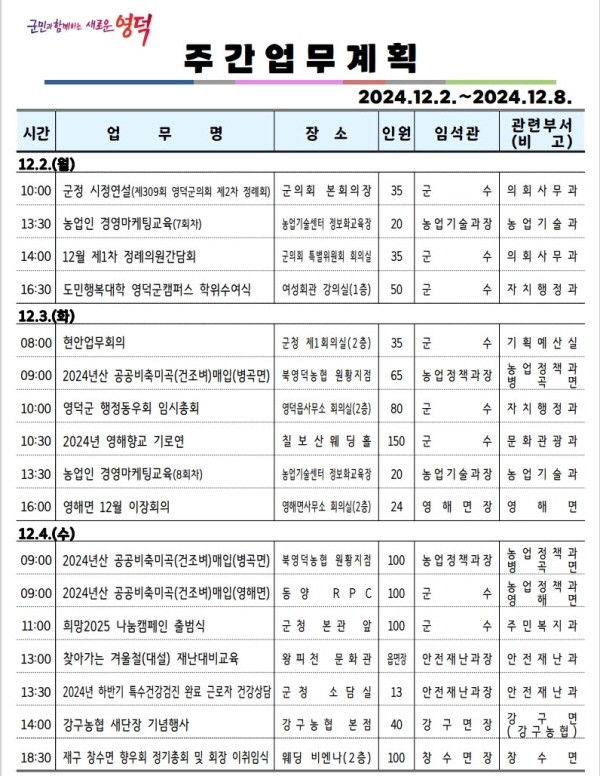 영덕군 주간행사 12월2~8일