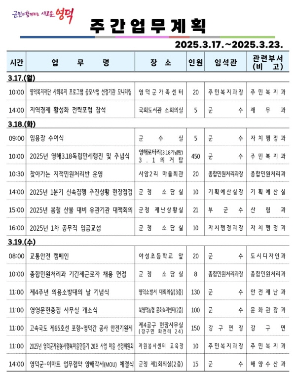 영덕군 주간행사 3월 17~23일